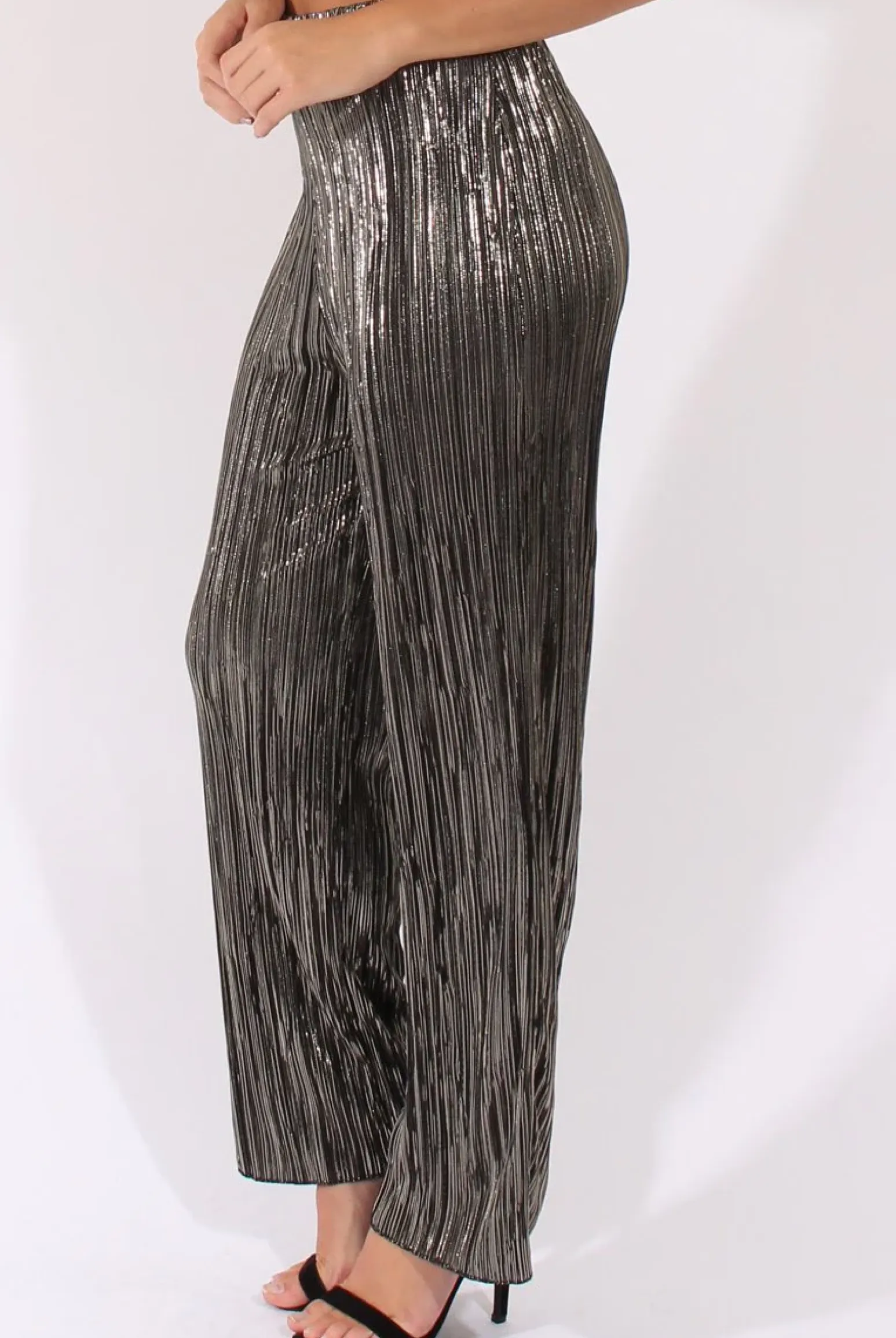 Rebellious Fashion Black Metallic Shimmer Pleated High Waisted Trousers - Phoebe
