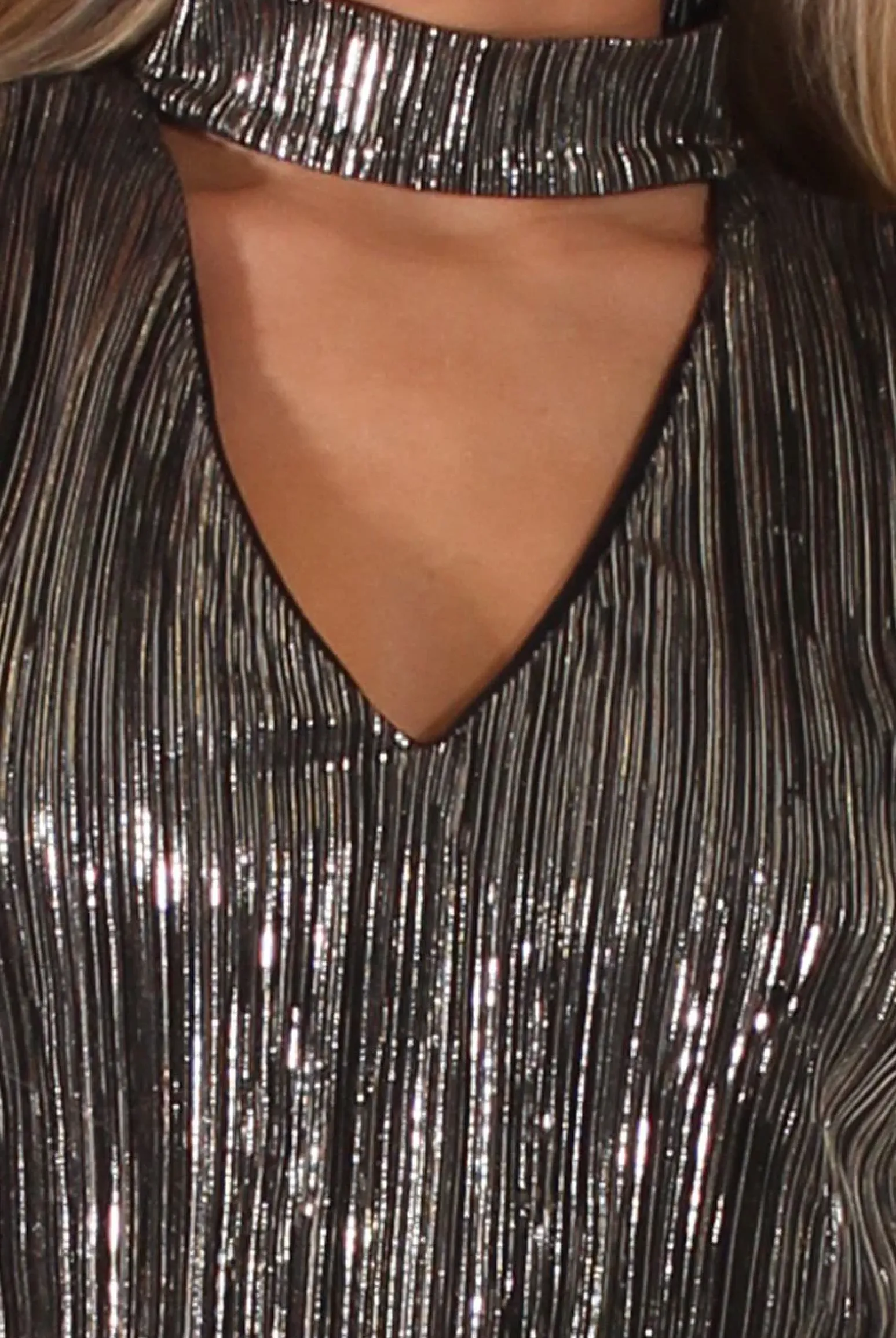 Rebellious Fashion Black Metallic Shimmer Pleated High Neck Cut Out Crop Top - Polly