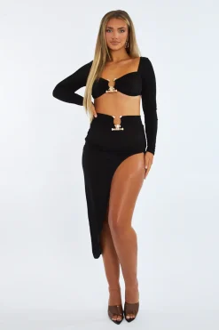 Rebellious Fashion Black Metal Trim Crop Top & Side Slit Midi Skirt Set - Nysa