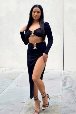 Rebellious Fashion Black Metal Trim Crop Top & Side Slit Midi Skirt Set - Nysa