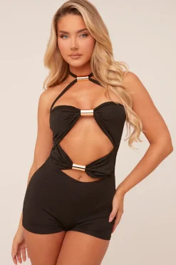 Rebellious Fashion Black Metal Trim Cut Out Detail Playsuit - Martha