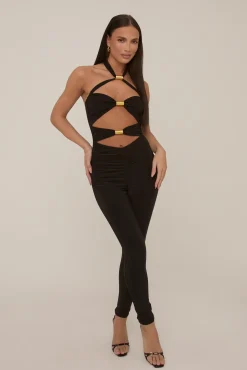 Rebellious Fashion Black Metal Trim Cut Out Detail Jumpsuit - Kitty