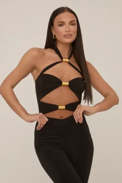 Rebellious Fashion Black Metal Trim Cut Out Detail Jumpsuit - Kitty