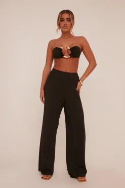 Rebellious Fashion Black Metal Trim Detail Crop Top & Trousers Co-ord Set - Paula