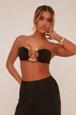 Rebellious Fashion Black Metal Trim Detail Crop Top & Trousers Co-ord Set - Paula