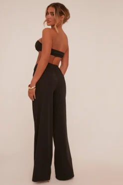 Rebellious Fashion Black Metal Trim Detail Crop Top & Trousers Co-ord Set - Paula