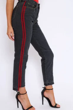 Rebellious Fashion Black Mid Wash Seam Red Side Stripe Mom Jeans - Meili