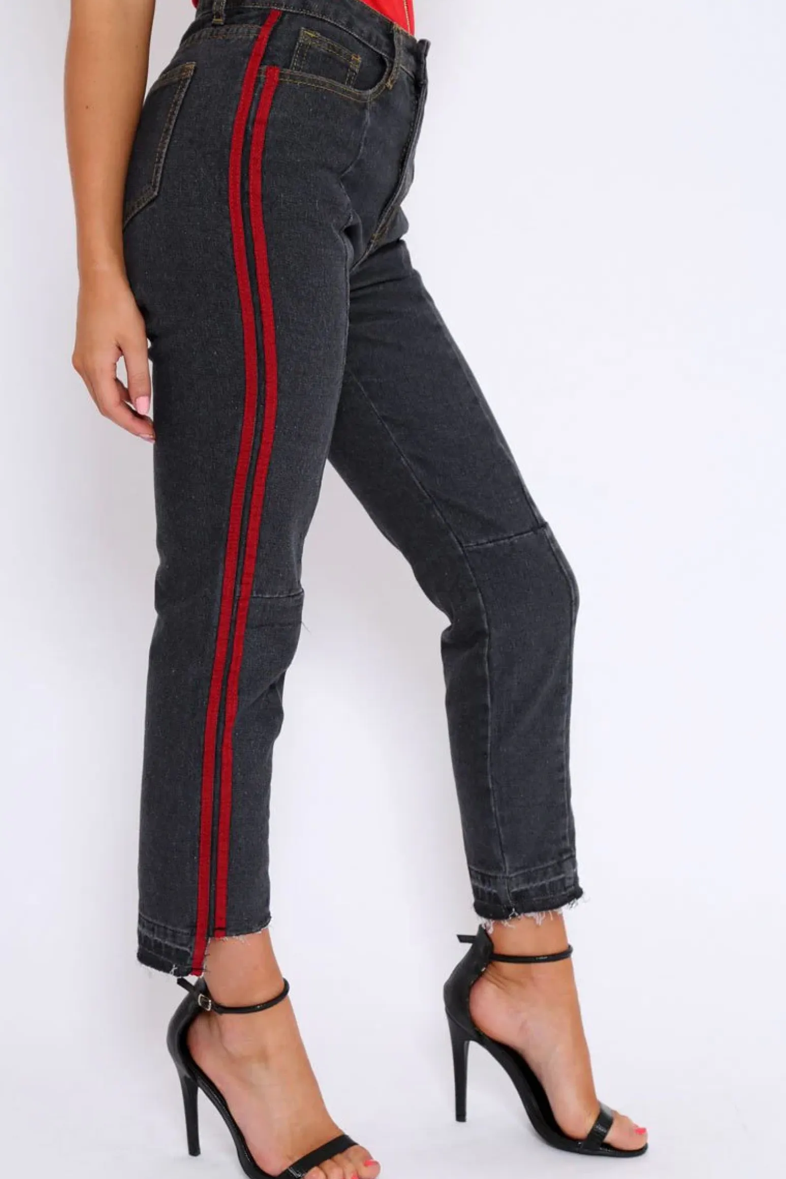 Rebellious Fashion Black Mid Wash Seam Red Side Stripe Mom Jeans - Meili