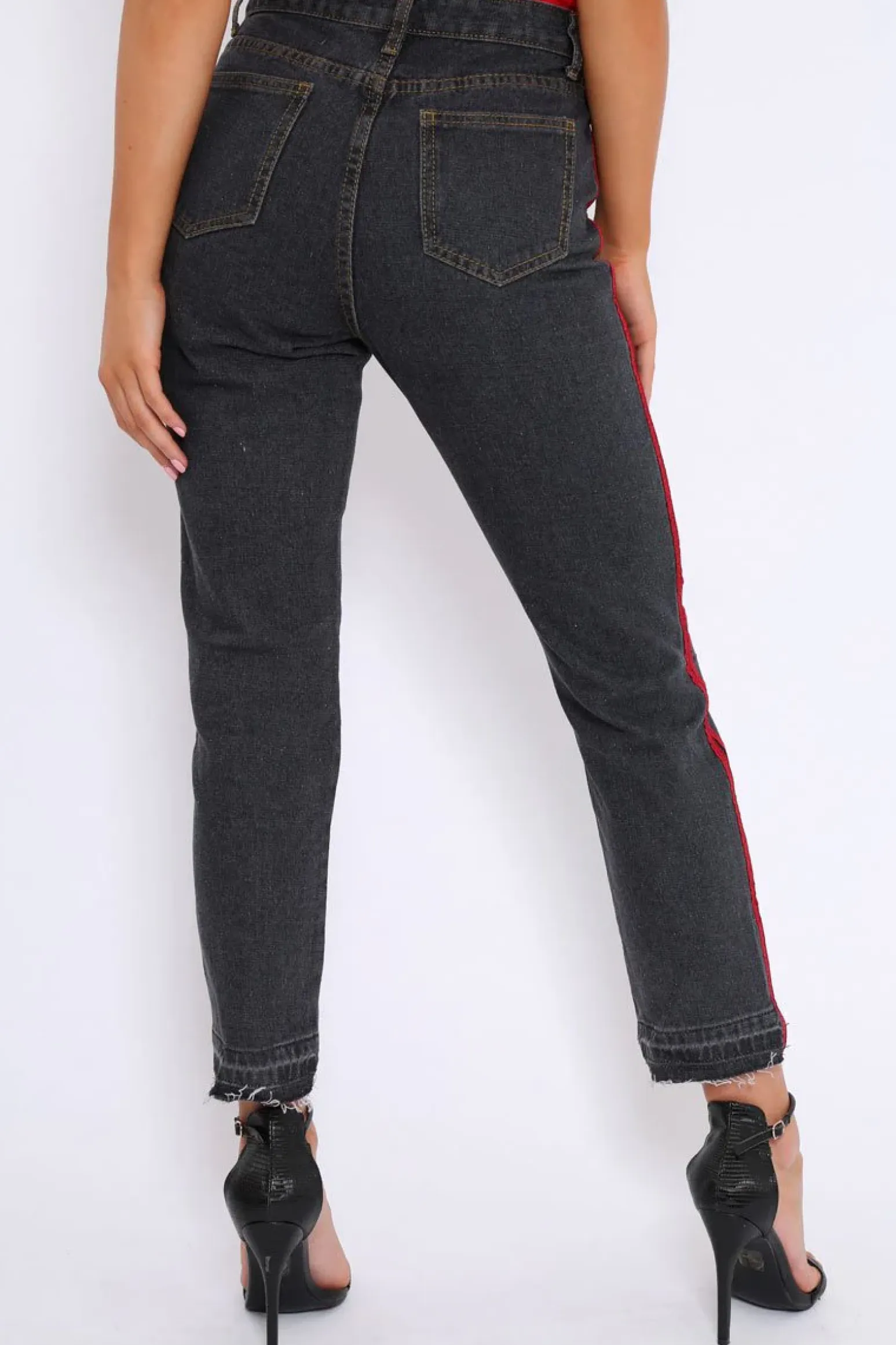 Rebellious Fashion Black Mid Wash Seam Red Side Stripe Mom Jeans - Meili