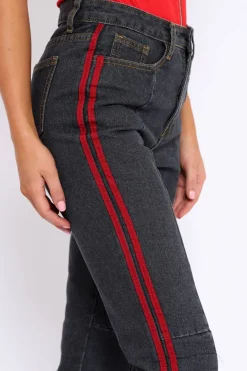 Rebellious Fashion Black Mid Wash Seam Red Side Stripe Mom Jeans - Meili