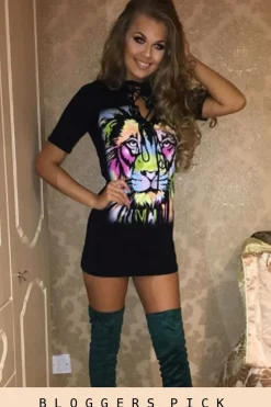 Rebellious Fashion Black Multi Coloured Lion Print Lace Up T Shirt Dress - Lilly