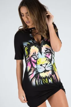 Rebellious Fashion Black Multi Coloured Lion Print Lace Up T Shirt Dress - Lilly