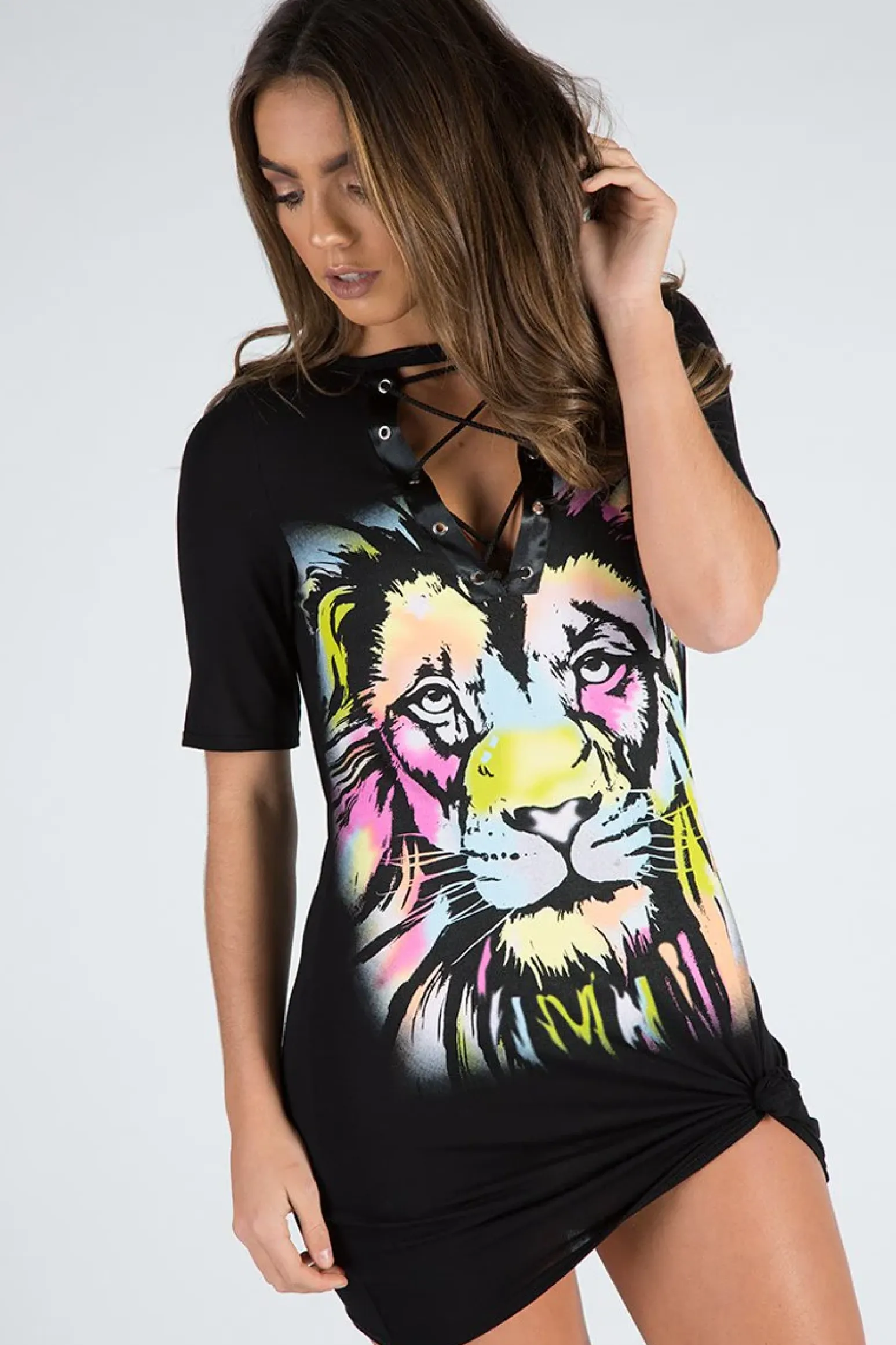 Rebellious Fashion Black Multi Coloured Lion Print Lace Up T Shirt Dress - Lilly