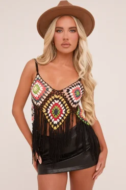Rebellious Fashion Black Multi Crochet Tassel Hem Crop Top - Anastasia