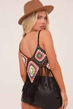 Rebellious Fashion Black Multi Crochet Tassel Hem Crop Top - Anastasia