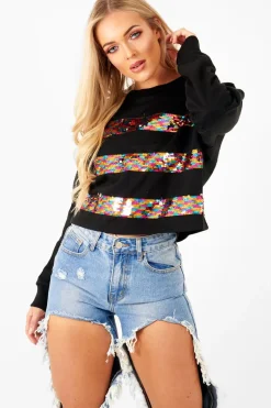 Rebellious Fashion Black Multi Sequin Stripe Sweatshirt - Nadina