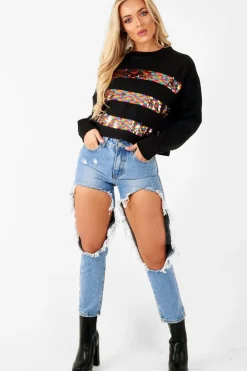 Rebellious Fashion Black Multi Sequin Stripe Sweatshirt - Nadina