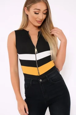 Rebellious Fashion Black Mustard and White Chevron Zip Front Bodysuit - Elliani