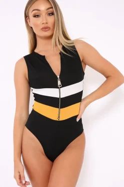 Rebellious Fashion Black Mustard and White Chevron Zip Front Bodysuit - Elliani