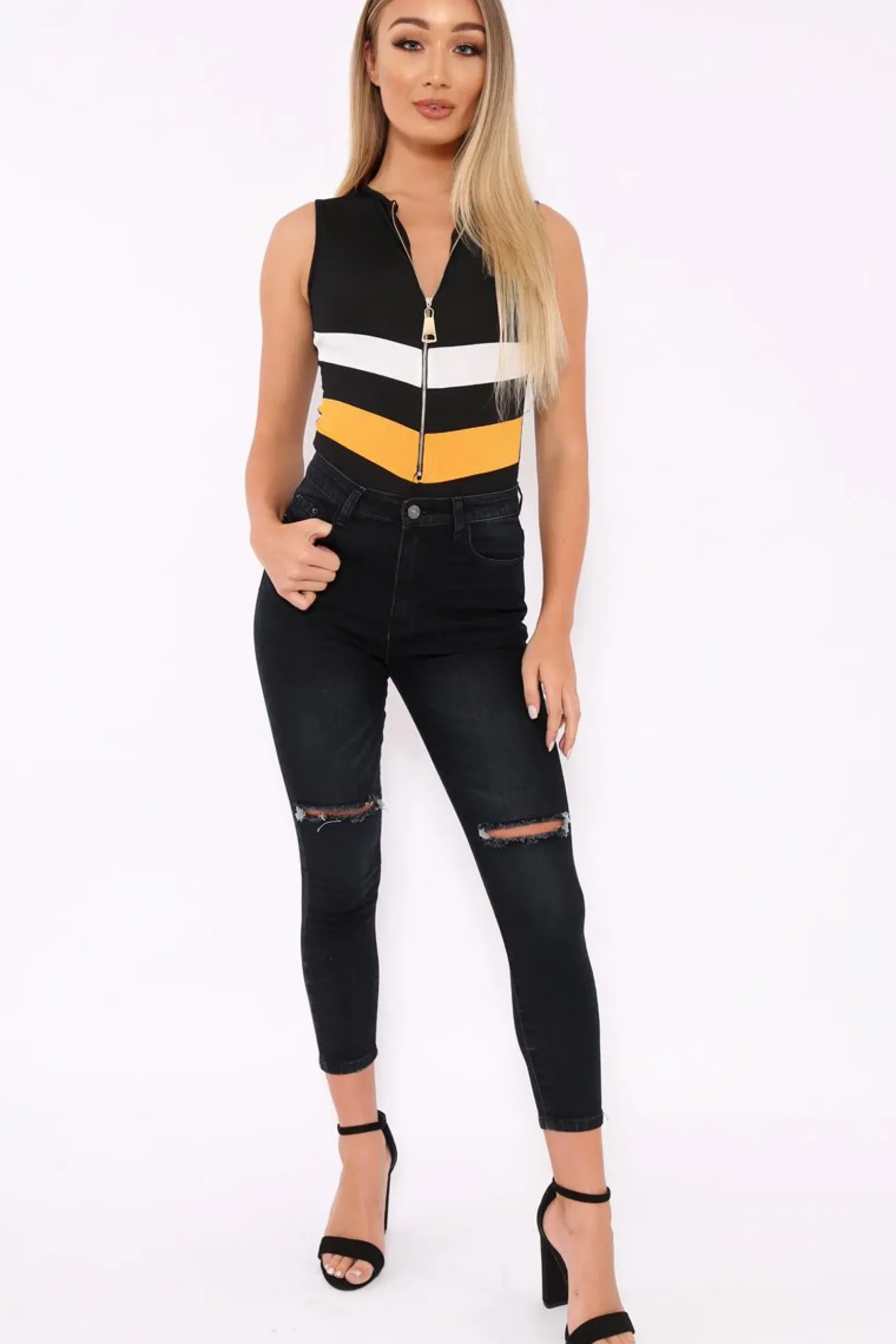 Rebellious Fashion Black Mustard and White Chevron Zip Front Bodysuit - Elliani