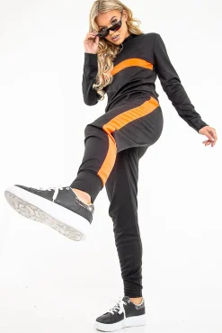 Rebellious Fashion Black Neon Orange Stripe Loungewear Set - Ariella