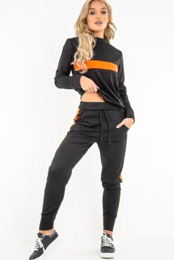 Rebellious Fashion Black Neon Orange Stripe Loungewear Set - Ariella