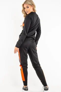 Rebellious Fashion Black Neon Orange Stripe Loungewear Set - Ariella