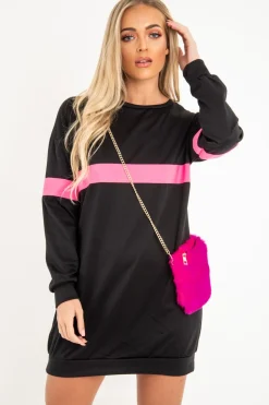 Rebellious Fashion Black Neon Pink Stripe Longline Sweatshirt - Keighley