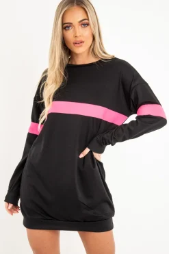 Rebellious Fashion Black Neon Pink Stripe Longline Sweatshirt - Keighley