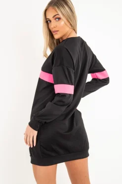 Rebellious Fashion Black Neon Pink Stripe Longline Sweatshirt - Keighley