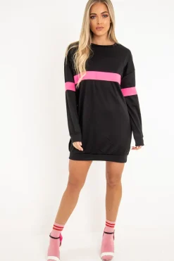 Rebellious Fashion Black Neon Pink Stripe Longline Sweatshirt - Keighley