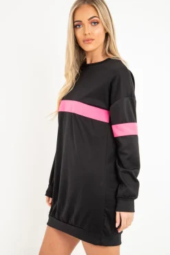 Rebellious Fashion Black Neon Pink Stripe Longline Sweatshirt - Keighley