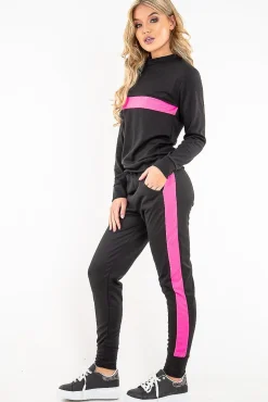 Rebellious Fashion Black Neon Pink Stripe Loungewear Set - Ariella