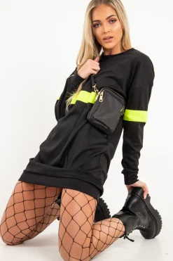 Rebellious Fashion Black Neon Yellow Stripe Longline Sweatshirt - Keighley
