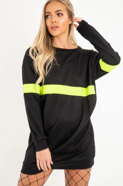 Rebellious Fashion Black Neon Yellow Stripe Longline Sweatshirt - Keighley
