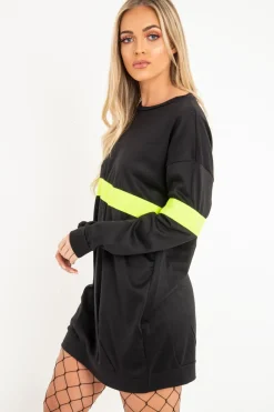 Rebellious Fashion Black Neon Yellow Stripe Longline Sweatshirt - Keighley