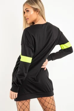 Rebellious Fashion Black Neon Yellow Stripe Longline Sweatshirt - Keighley
