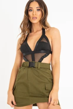 Rebellious Fashion Black Net Bandage Plunge Cut Out Bodysuit - Madison