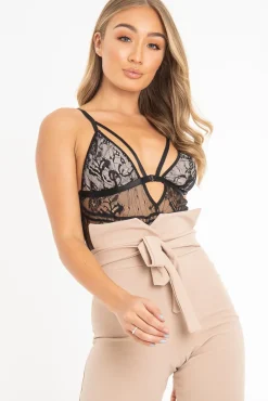 Rebellious Fashion Black Nude Lace Harness Plunge Bodysuit - Masey
