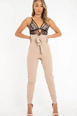 Rebellious Fashion Black Nude Lace Harness Plunge Bodysuit - Masey