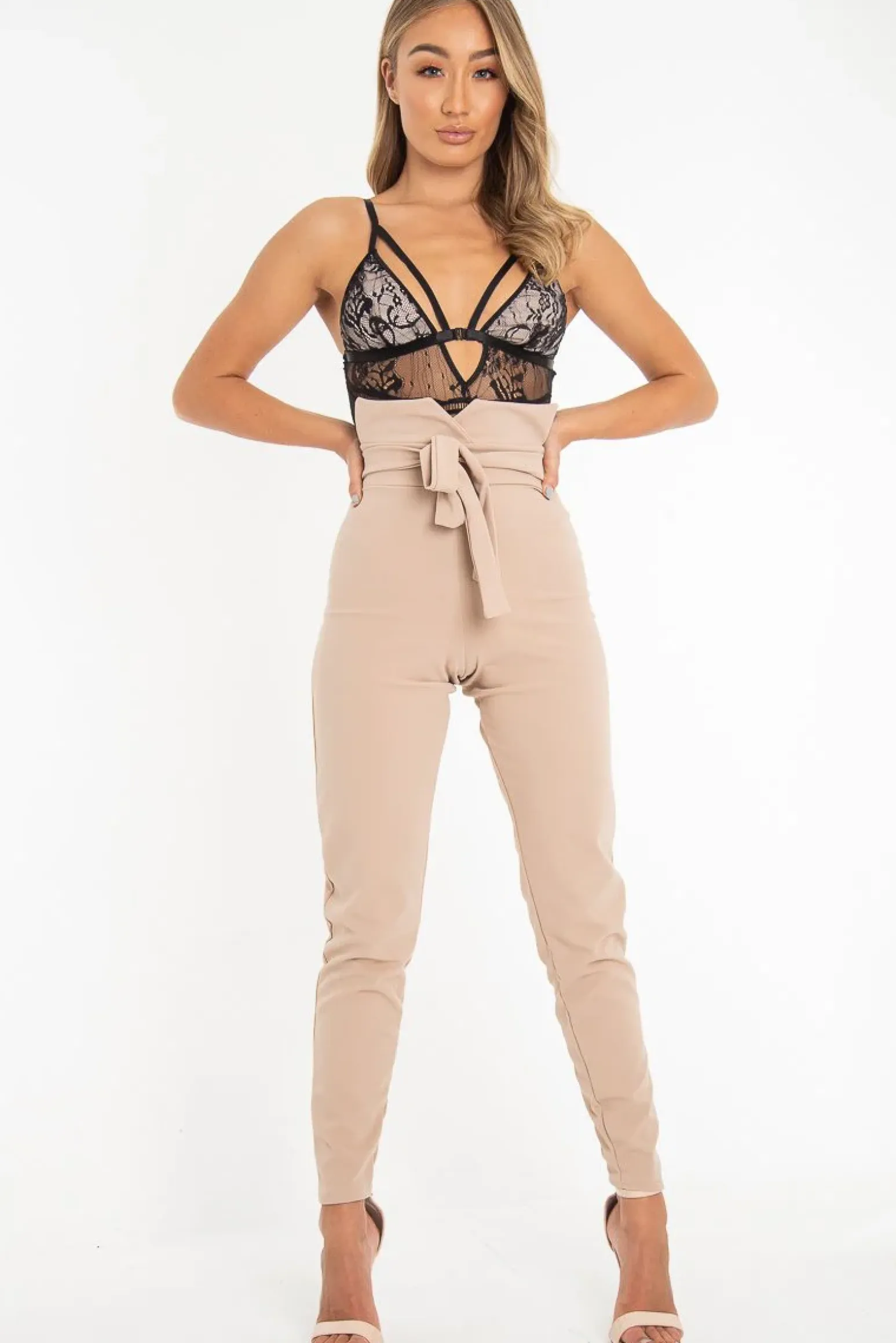 Rebellious Fashion Black Nude Lace Harness Plunge Bodysuit - Masey