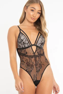 Rebellious Fashion Black Nude Lace Harness Plunge Bodysuit - Masey