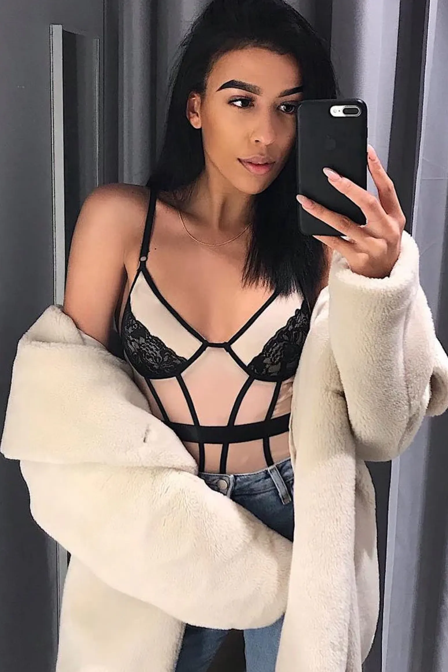 Rebellious Fashion Black Nude Lace Mesh Bodysuit - Orielle