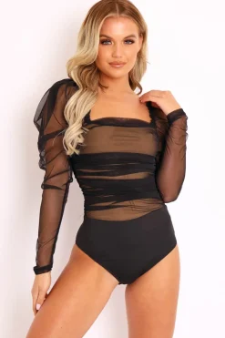 Rebellious Fashion Black Nude Ruched Body Mesh Sleeve Bodysuit - Amylee