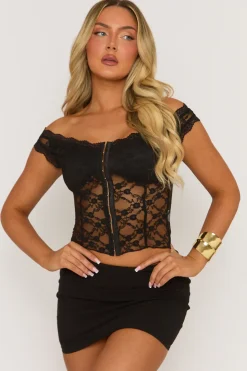 Rebellious Fashion Black Off Shoulder Lace Corset Top - Danila