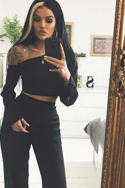 Rebellious Fashion Black Off Shoulder Loungewear Set - Emarie