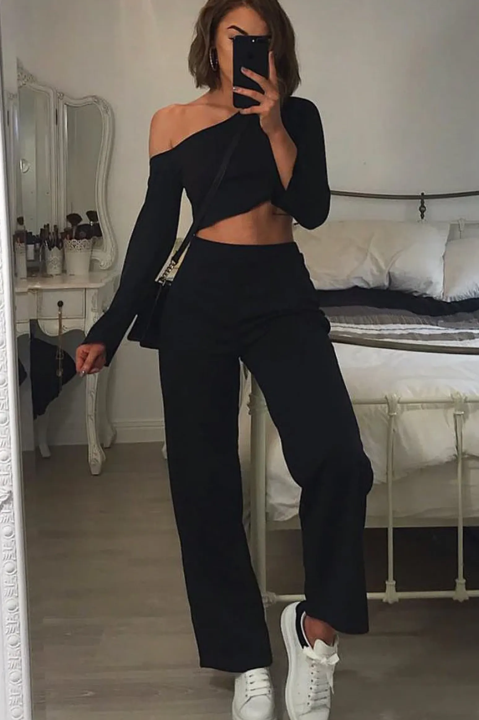 Rebellious Fashion Black Off Shoulder Loungewear Set - Emarie