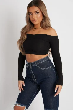 Rebellious Fashion Black Off the Shoulder Long Sleeve Ruched Crop Top - Kali