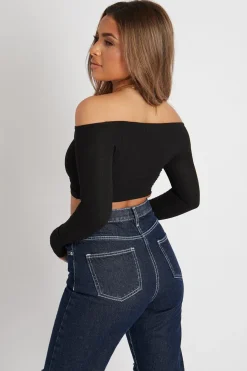 Rebellious Fashion Black Off the Shoulder Long Sleeve Ruched Crop Top - Kali