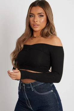 Rebellious Fashion Black Off the Shoulder Long Sleeve Ruched Crop Top - Kali